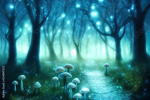 Fantasy mushroom and blue butterfly in fairy tale dreamy elf forest, fabulous fairytale deep dark wood and moon rays in night, mysterious nature background with magical glade in first winter snow.