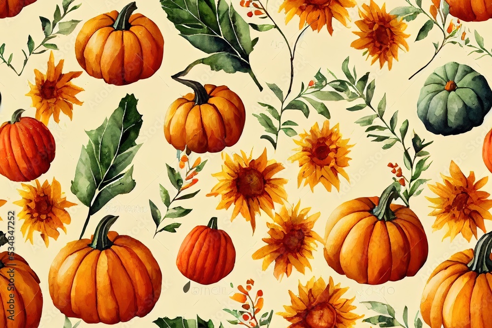 Gnomes in Thanksgiving pumpkin, sunflowers, autumn leaves, fruits, vegetables. Thanks giving watercolor seamless pattern. Holiday repeating backdrop