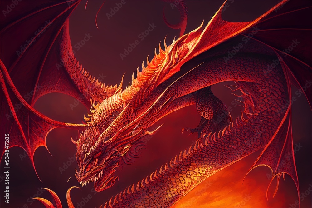 Obraz premium Gorgeous fantasy red dragon art digital illustration