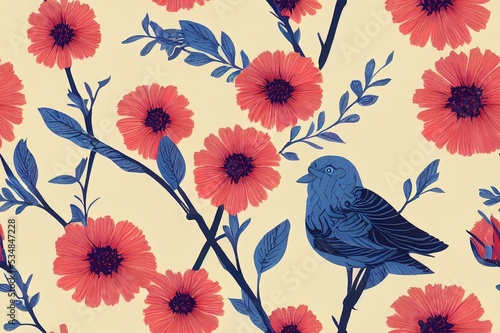 Floral vintage seamless pattern wit birds for retro wallpapers. Enchanted Vintage Flowers. Arts and Crafts movement inspired. Design for wrapping paper, wallpaper, fabrics and fashion clothes.