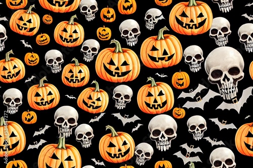 Spooky Seamless Halloween Pattern With Pumpkins 2d. High Quality Illustration