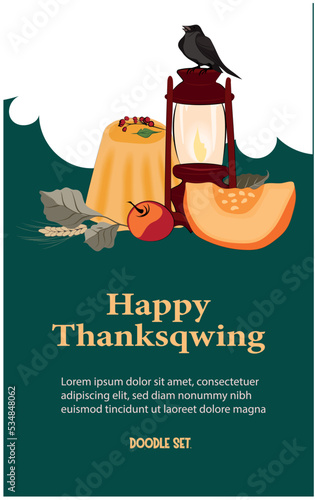 Happy Thanksgiving holiday vector design template for websites, posters, banners. Happy Thanksgiving with traditional food, turkey, pies, pumpkins and fruits. Vector website template