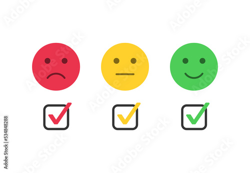 Feedback emoji rating with check mark box frame or emoticon level scale for rating emojis with tick approve checkmark icon happy neutral sad angry emoticon. three facial expression emojis