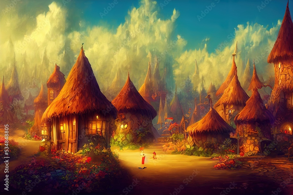 Magic world with fairy tale characters. Cartoon fantasy background