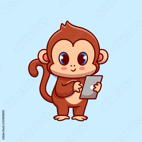 Cute Monkey With Gadget Cartoon Vector Icon Illustration. 
Animal Technology Icon Concept Isolated Premium Vector. 
Flat Cartoon Style