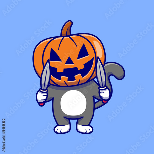 Cute Cat Wearing Pumpkin Halloween with Knife Cartoon 
Vector Icon Illustration. Animal Halloween Icon Concept 
Isolated Premium Vector. Flat Cartoon Style
