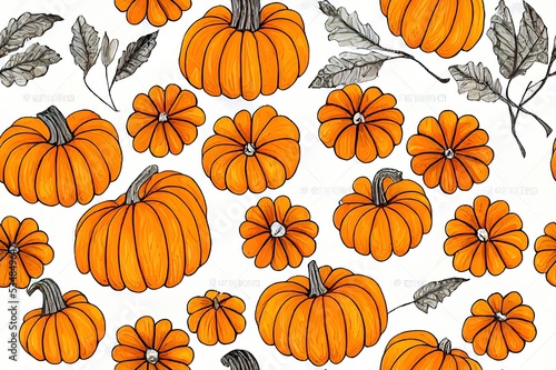 Pumpkin color seamless pattern  hand drawn squash sketch isolated on white background