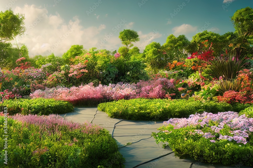 Obraz premium Natural beauty podium backdrop for product display with abstract garden scene. 3d rendering.