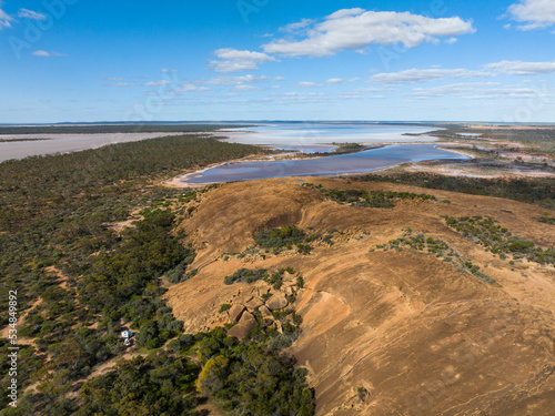 Aerial view of Salt lakes and Baladjie Rock in the Wheatbelt region of Western Australia