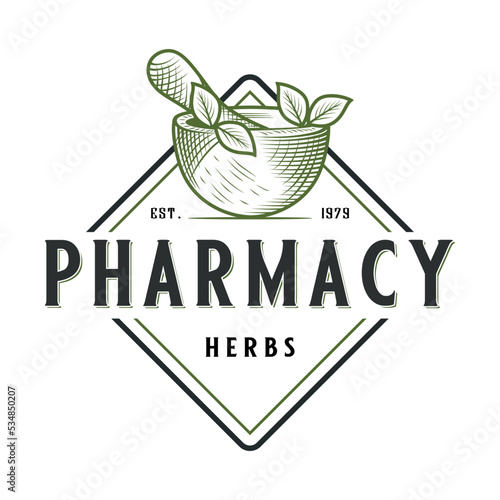 Vintage pharmacy logo. Illustration of mortar and pestle and herbal plant in emblem form, with leaf ornament and decoration for pharmacy, drug store and herbal medicine.
