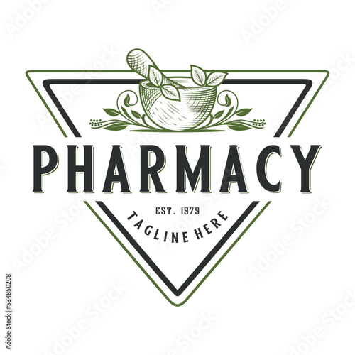 Vintage pharmacy logo. Illustration of mortar and pestle and herbal plant in emblem form, with leaf ornament and decoration for pharmacy, drug store and herbal medicine.