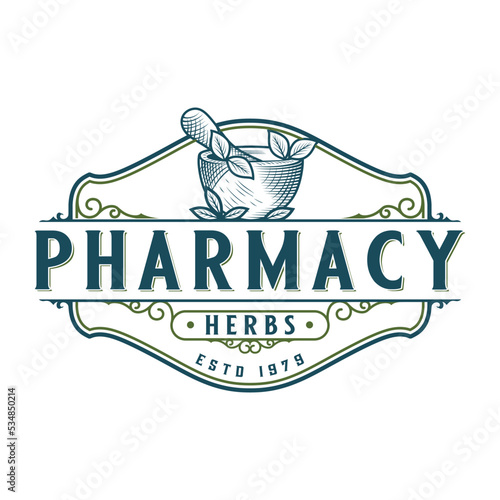 apothecary classic logo design. The concept of a hand-drawn mortar and pestle with a decoration in the form of an emblem, is perfect for pharmacies, medicine and herbal shops.