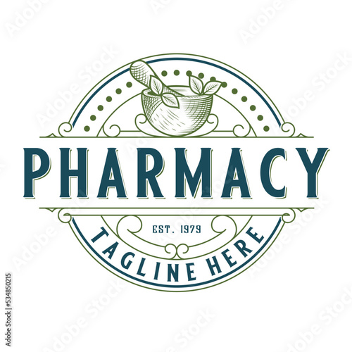 Vintage pharmacy logo. Illustration of mortar and pestle and herbal plant in emblem form, with leaf ornament and decoration for pharmacy, drug store and herbal medicine.