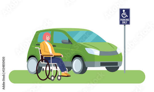 Disabled driver on wheelchair getting into her car. Flat design illustration.