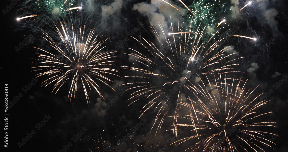 Fototapeta premium Golden Firework celebrate anniversary independence day night time celebrate national holiday. Countdown to new year 2023 party time event. Happy new year 2023, 4th of july holiday festival concept