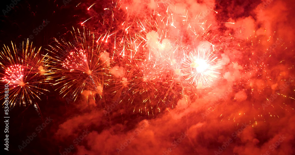 Red Firework celebrate anniversary happy new year 2023, 4th of july holiday festival. red firework in night time celebrate national holiday. Countdown to new year 2023 festival party time event