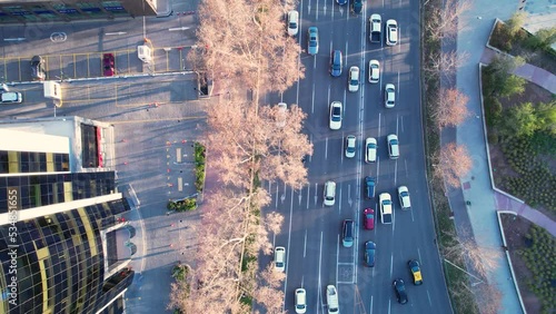 Sunset Downtown At Santiago Metropolitan Region Chile. Outdoor Brazilian Suburb. Urban Area Of Outdoor Perspective. Skyscrapers Urban Area Top Down.