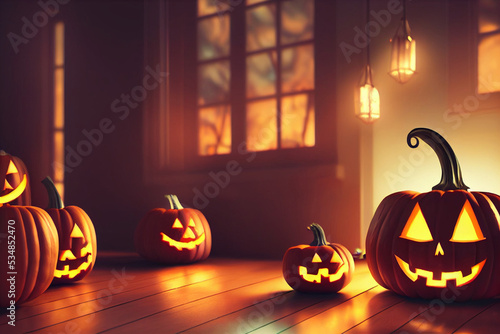 Happy Halloween room Background with a set of Jack O Lanterns