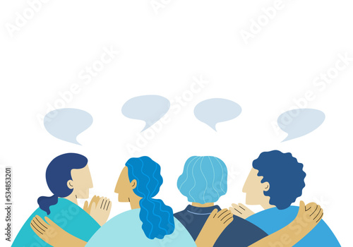 Group of friends sitting and 
 talking to each other, talking people concept. Modern flat vector illustration.