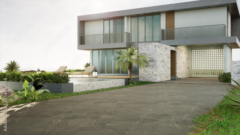 Luxury house with swimming pool and terrace in modern design. Lounge chairs on wooden floor deck at vacation home or hotel. 3d illustration of contemporary holiday villa exterior. Luxury house with swimming pool and terrace in modern design. Lounge chairs on wooden floor deck at vacation home or hotel. 3d illustration of contemporary holiday villa exterior.