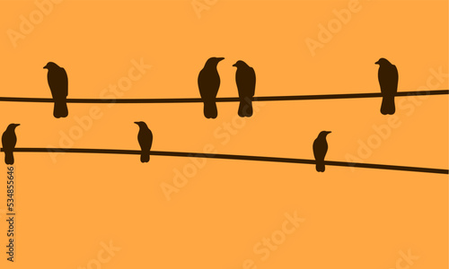 Silhouette vector illustration of crows sitting lined up on a wire line. On an orange sky background. Minimal flat design.