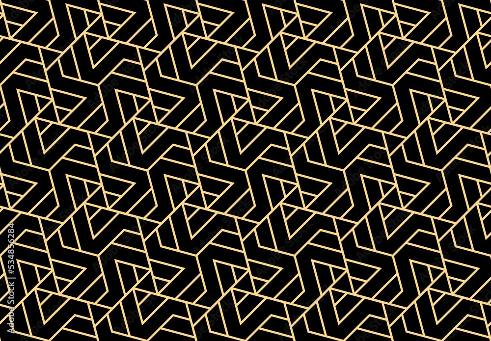 Abstract geometric pattern with stripes, lines. Seamless vector background. Gold and black ornament. Simple lattice graphic design Abstract geometric pattern with stripes, lines. Seamless vector background. Gold and black ornament. Simple lattice graphic design