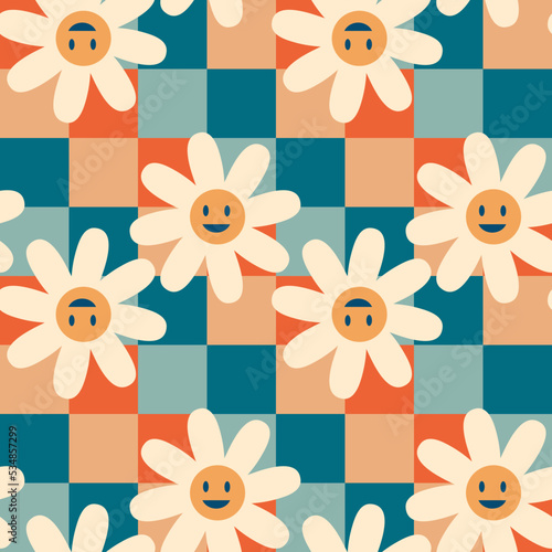Vintage seamless pattern with smiling camomile flowers on checkered background. Psychedelic print for tee, paper, fabric, textile. Retro style vector illustration for decor and design.