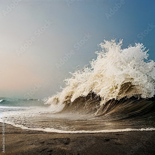 Fotografering wave on the beach, Wave hitting the sand, AI Generated Art