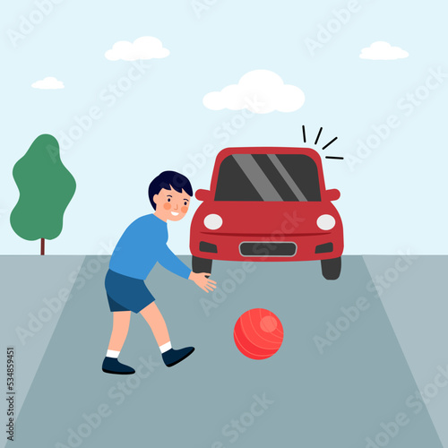 Boy playing ball in front of moving car in flat design. Child car accident concept vector illustration.