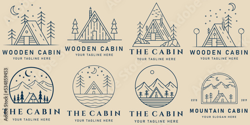 set mountain and cabin line art logo icon and symbol. forest and tree with emblem vector illustration design