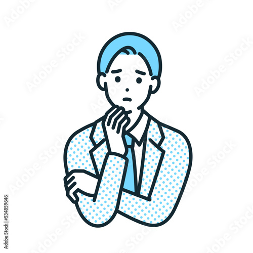困っているビジネスマン。顔に手をあて考え込む男性のイラスト素材。