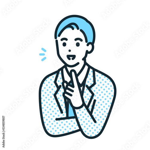 ヒントを得た男性。良いアイデアが閃いたビジネスパーソンのイラスト素材。