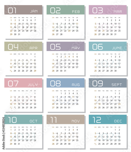 2023年　カラフルな年間カレンダー