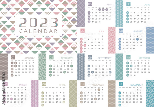 2023年　北欧柄のカラフルな年間カレンダー