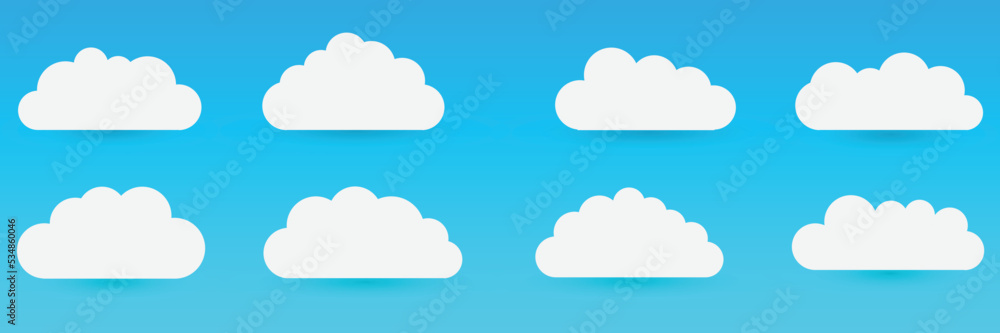 Abstract white flat clouds set isolated on blue sky background. Different shapes fluffy cloud icon symbol collection. Cute cartoon think speech bubble template. Network web banner concept clipart