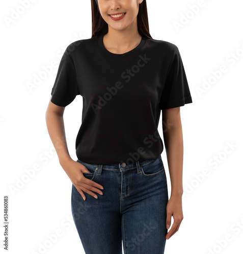 Young woman in black T shirt mockup cutout, Png file.