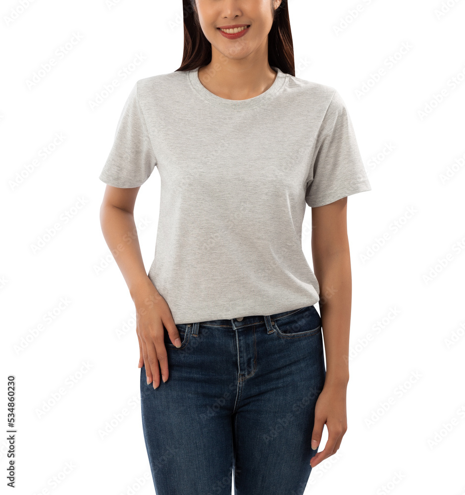 Young woman in grey T shirt mockup cutout, Png file. Young woman in grey T shirt mockup cutout, Png file.