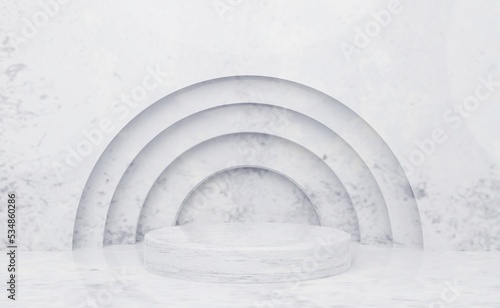 Abstract marble 3D room with realistic marble cylinder pedestal podium set. Minimal scene for product display presentation. Illustration stage for showcase. 3d rendering.