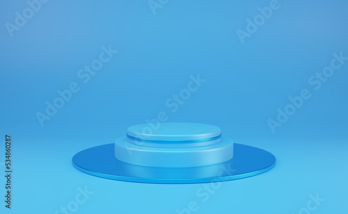 Abstract blue 3D room with realistic blue cylinder pedestal podium set. Minimal scene for product display presentation. Illustration stage for showcase. 3d rendering.
