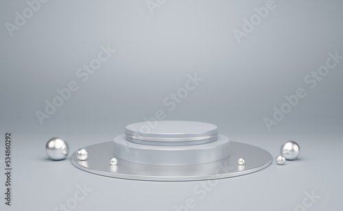 Abstract silver 3D room with realistic silver cylinder pedestal podium set. Minimal scene for product display presentation. Illustration stage for showcase. 3d rendering.