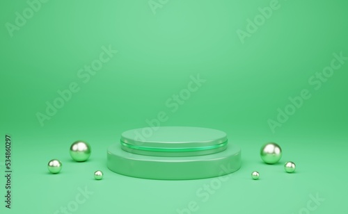 Abstract green 3D room with realistic green cylinder pedestal podium set. Minimal scene for product display presentation. Illustration stage for showcase. 3d rendering.
