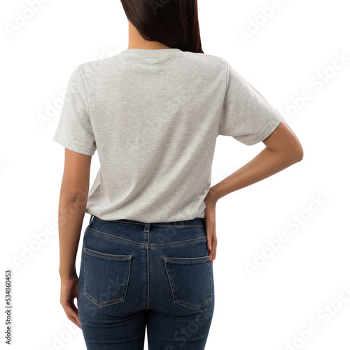 Young woman in grey T shirt mockup cutout, Png file.