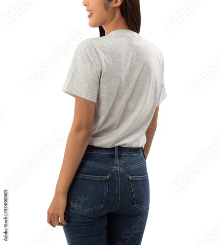 Young woman in grey T shirt mockup cutout, Png file.