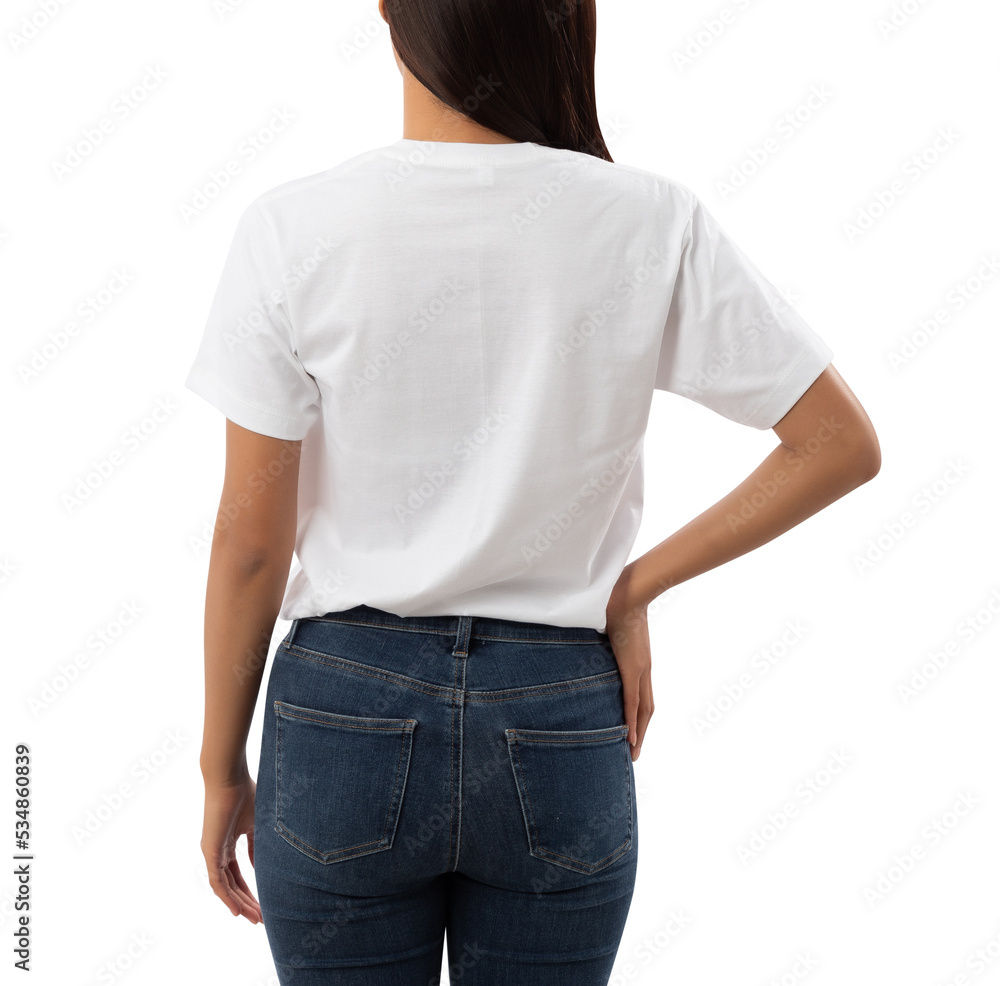 Young woman in white T shirt mockup cutout, Png file. Young woman in white T shirt mockup cutout, Png file.