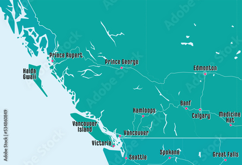 Simple map of Province British Columbia and Alberta in Canada and Unites States. Simplified geometric shapes with ocean and lakes. Marked travel destinations, pacific Northwest guide or touristic map.