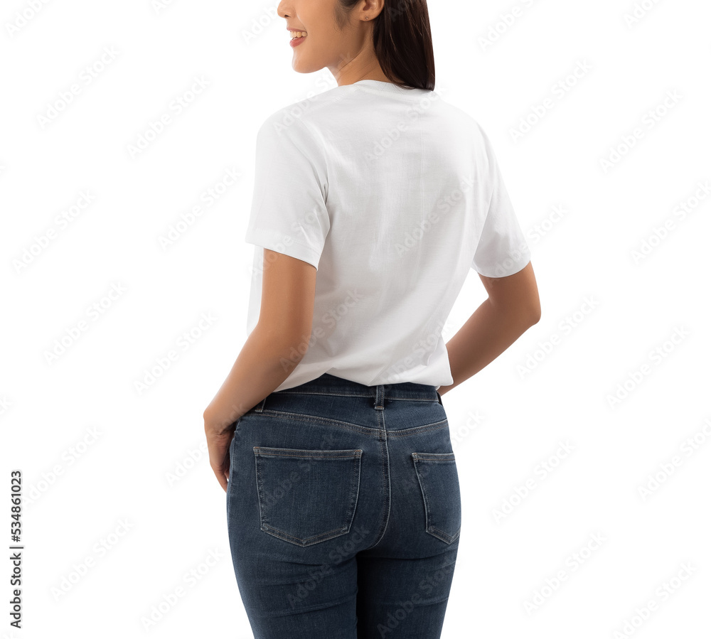 Young woman in white T shirt mockup cutout, Png file. Young woman in white T shirt mockup cutout, Png file.
