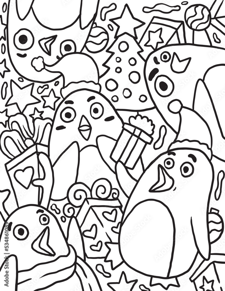Penguin Christmas Doodle Coloring Page