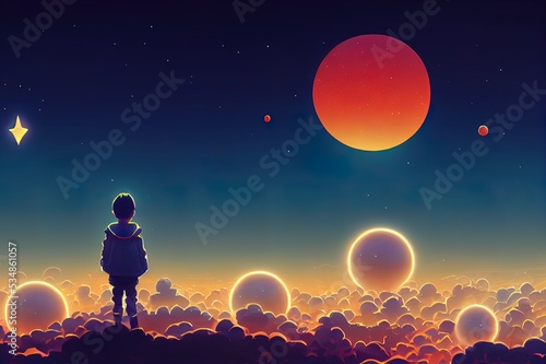 beautiful scenery showing the young boy standing among glowing planets and holding the star up in the night sky, digital art style, illustration painting
