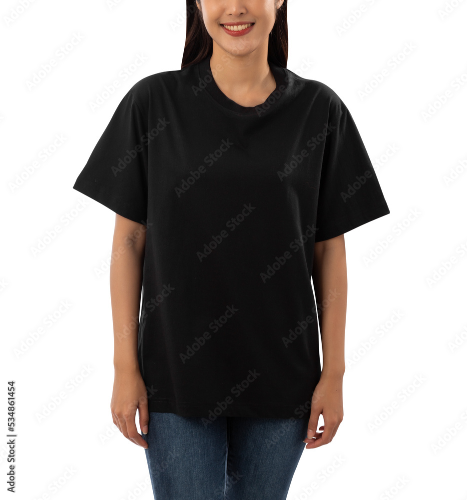 Young woman in black oversize T shirt mockup cutout, Png file. Young woman in black oversize T shirt mockup cutout, Png file.