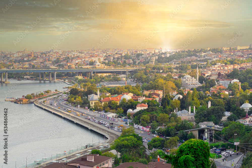 Istanbul city view from Pierre Loti Teleferik station overlooking Golden Horn, Eyup District, Istanbul, Turkey, before sunset